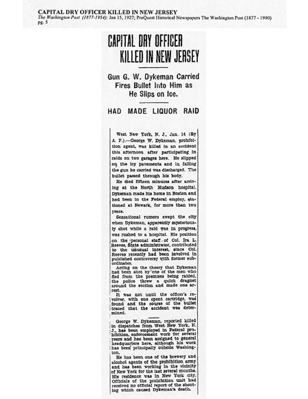 Image of the Washington Post newspaper article, dated January 15, 1927, titled Capital Dry Officer Killed in New Jersey