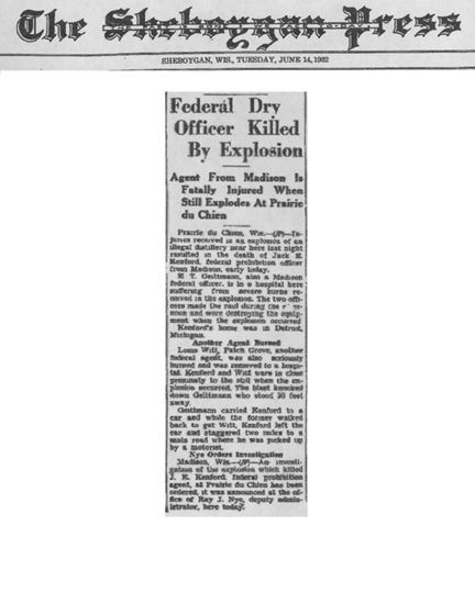 The Sheboygan Press, dated June 14, 1932, with headline: Federal Dry Officer Killed by Explosion