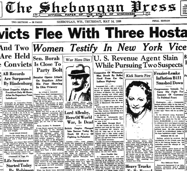 Newspaper article from The Sheboygan Press, dated May 14, 1936, with headline: U.S. Revenue Agent Slain While Pursuing Two Suspects