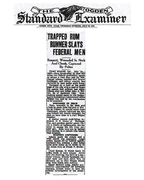 Newsclip from The Ogden Standard Examiner, dated July 29, 1931, with headline: Trapped Rum Runner Slays Federal Men