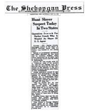 Newspaper article from The Sheboygan Press, with headline: Hunt Slayer Suspect Today In Two States