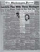 Newspaper article from The Sheboygan Press with headline: Convicts Flee With Three Hostages